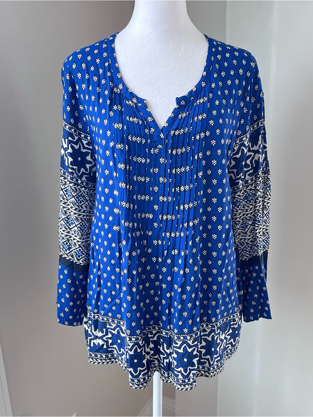 Lucky Brand boho pheasant mixed print blue tunic top size L